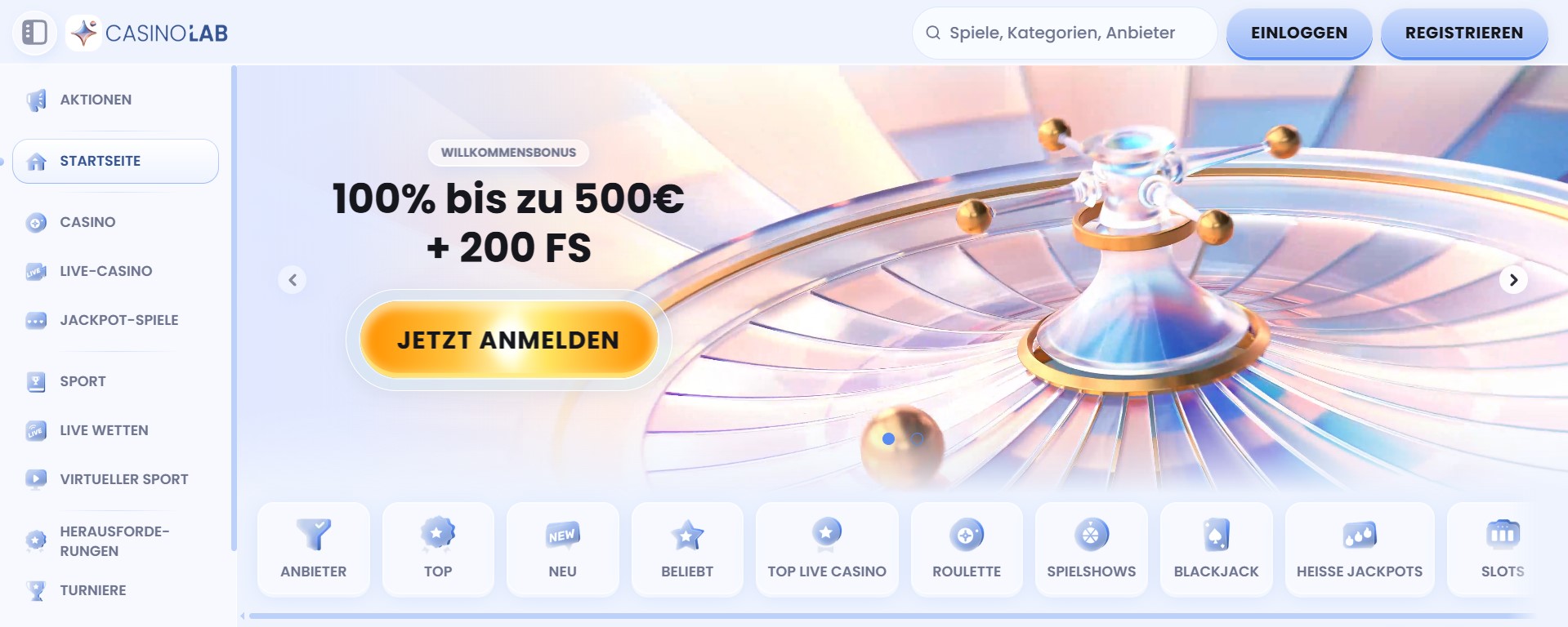 Die CasinoLab-Webseite präsentiert einen großzügigen Willkommensbonus von 100% bis zu 500€ sowie 200 Freispiele. Ein auffälliger gelber Button mit „JETZT ANMELDEN“ lädt zur Registrierung ein. Links befindet sich eine gut strukturierte Navigationsleiste mit Kategorien wie Aktionen, Casino ohne oasis, Live-Casino, Jackpot-Spiele und Sportwetten. Zusätzliche Optionen wie Anbieter, Neu, Beliebt, Top Live Casino, Roulette, Spielshows, Blackjack, Heiße Jackpots und Slots sind ebenfalls sichtbar. Die oberen rechten Buttons ermöglichen ein schnelles Einloggen oder Registrieren.
